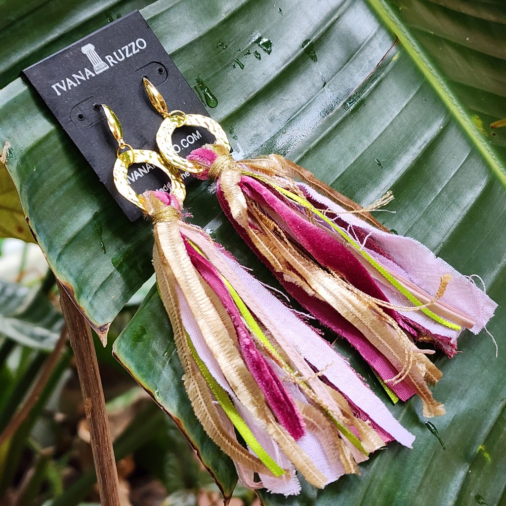 Designer Earrings 14k Gold Plate Hooks Tassel Rio Gold Purple Boho Gypsy Fringe